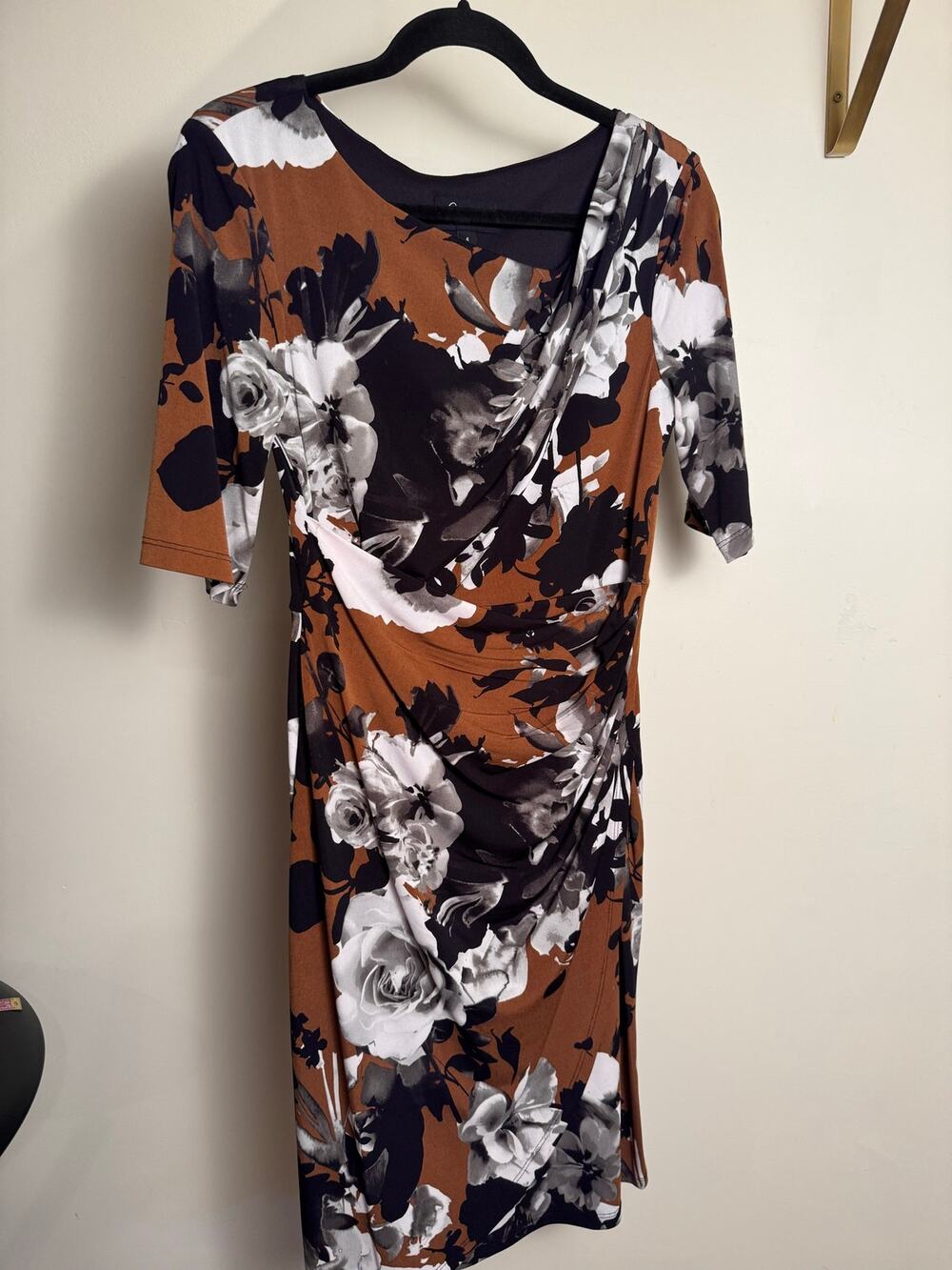 Connected Apparel Ladies Size 4 Faux Wrap Dress in Autumn Colors